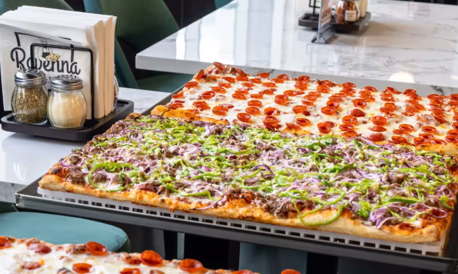 Display of Roman style pizza (Ravenna Pizza)